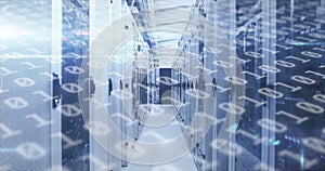 Image of binary coding numbers changing over tech room with computer servers