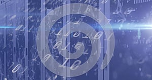 Image of binary coding numbers changing over tech room with computer servers