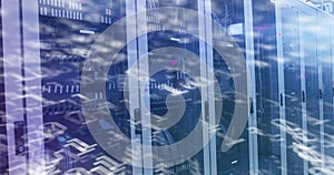 Image of binary coding numbers changing over tech room with computer servers