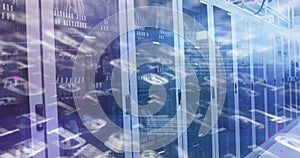 Image of binary coding numbers changing over tech room with computer servers