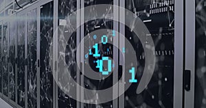 Image of binary coding over network of connections and digital icons against server room