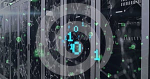 Image of binary coding over network of connections and digital icons against server room
