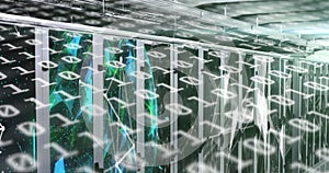 Image of binary coding over tech room with computer servers