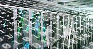 Image of binary coding over tech room with computer servers