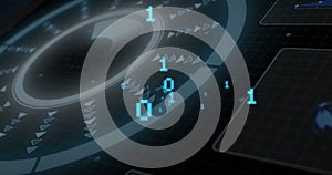 Image of binary data processing over circular scanner on black background