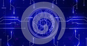Image of biometric brain, digital data processing over circuit board