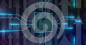 Image of biometric brain, digital data processing over circuit board