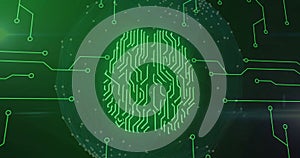 Image of biometric brain, digital data processing over circuit board
