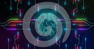 Image of biometric brain, digital data processing over circuit board