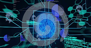 Image of biometric with computer language, hexagons, globe and graphs