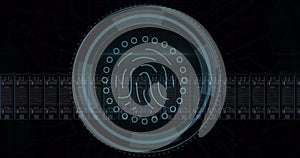 Image of biometric fingerprint over computer servers