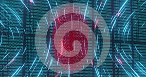 Image of biometric fingerprint scanner and spinning light trails against binary coding