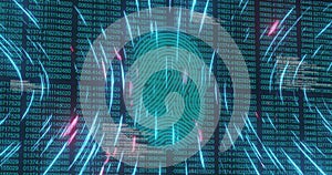 Image of biometric fingerprint scanner and spinning light trails against binary coding