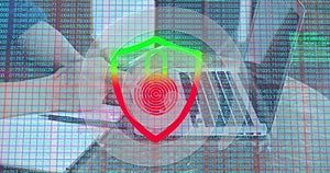 Image of biometric padlock, data processing and networks over woman using laptop