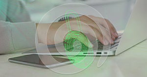 Image of biometric padlock, data processing over man using laptop