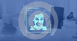 Image of biometric photos and data processing over work station in office