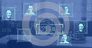 Image of biometric photos and data processing over work station in office