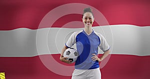 Image of biracial female soccer player over flag of austria