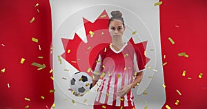 Image of biracial female soccer player over flag of canada