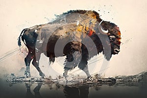 Image of a bison that stands gracefully of the forest. Wild animal. illustration, generative AI