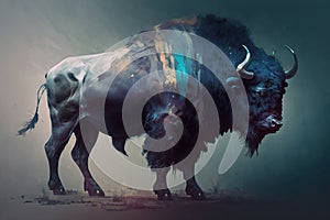 Image of a bison that stands gracefully of the forest. Wild animal. illustration, generative AI