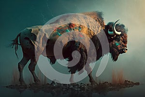 Image of a bison that stands gracefully of the forest. Wild animal. illustration, generative AI