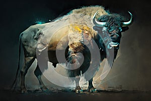 Image of a bison that stands gracefully of the forest. Wild animal. illustration, generative AI