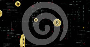 Image of bitcoin currency icons financial data processing over binary coding