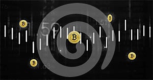 Image of bitcoin currency icons financial data processing over binary coding