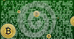 Image of bitcoin currency icons financial data processing over binary coding