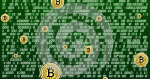 Image of bitcoin currency icons financial data processing over binary coding