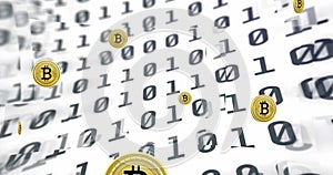 Image of bitcoin currency icons financial data processing over binary coding