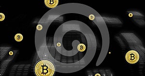 Image of bitcoin currency icons financial data processing over binary coding