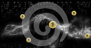 Image of bitcoin currency icons financial data processing over binary coding