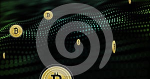Image of bitcoin currency icons financial data processing over binary coding