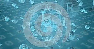 Image of bitcoin and digital icons over binary coding numbers changing on blue background