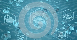 Image of bitcoin and digital icons over binary coding numbers changing on blue background
