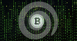 Image of bitcoin icon over binary coding data processing