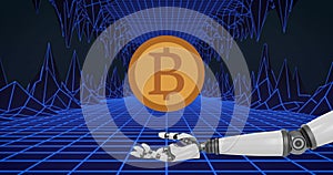 Image of bitcoin over digital tunnel with robotic arm
