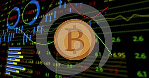 Image of bitcoin over financial data processing on black background