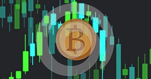 Image of bitcoin over financial data processing on black background