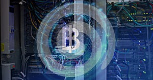 Image of bitcoin symbol on rotating safe lock over data processing and computer server