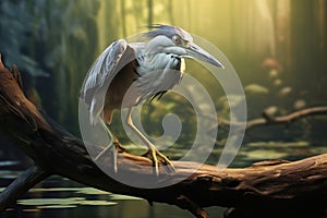 Image of black crowned night heron in the fertile forest. Wildlife Animals. bird. Illustration, Generative AI