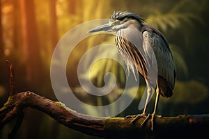 Image of black crowned night heron in the fertile forest. Wildlife Animals. bird. Illustration, Generative AI