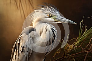 Image of black crowned night heron in the fertile forest. Wildlife Animals. bird. Illustration, Generative AI