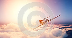 Image of black luxury generic design private jet flying in blue sky at sunrise. Huge white clouds and sun background