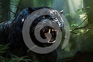 Image of black panther is angry in the forest., Wildlife Animals