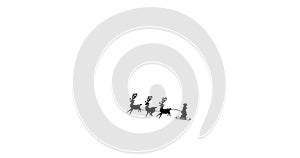 Image of black silhouette of santa claus in sleigh being pulled by reindeer on white background