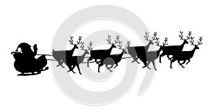 Image of black silhouette of santa claus in sleigh being pulled by reindeer on white background