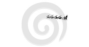 Image of black silhouette of santa claus in sleigh being pulled by reindeer on white background